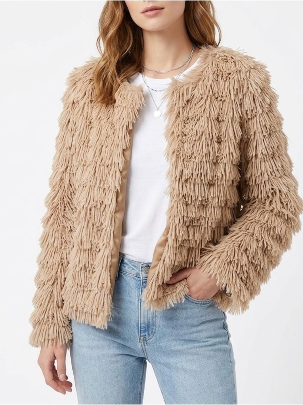 Coffee Beige Latte Fringe Faux-FurShaggy Jacket - Women’s Size XL Open Front
